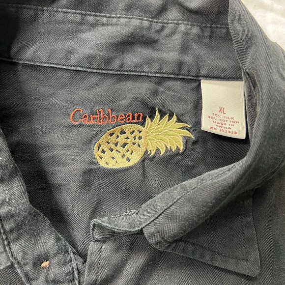 Men's Caribbean Vintage Logo Hawaiian Black Silk-Blend Shirt Size XL - Picture 2 of 4